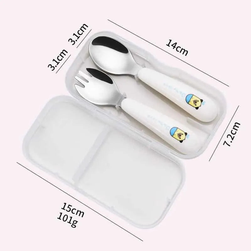 طقم شوكة و ملعقة من الفولاذ المقاوم للصدأ، بمقبض من البلاستك عالى الجودة على شكل حيوان كرتوني للأطفال مكون من قطعتين