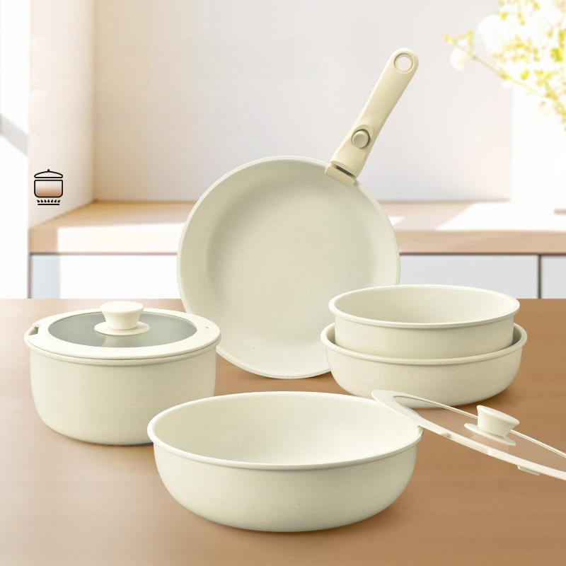 طقم أواني ومقالي عالية الجودة مع إمكانية إزالة المقبض , غير لاصقة 9 قطع من أواني الطهي الأمنة للإستخدام في غسالة الأطباق مع مقالي صواني من حمض بيرفلورو الأوكتانويك (جرانيت كريمي)