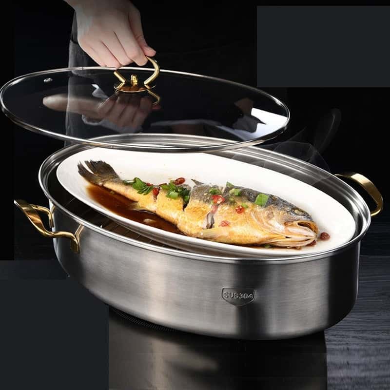 طقم وعاء طهي السمك بالبخار من الفولاذ المقاوم للصدأ 304 مكون من 4 قطع