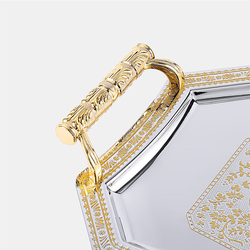 صينية تقديم من الستانلس ستيل الفاخر عالى الجودة  الغير قابل للصدأ أو تغيير اللون، منحوته باللونين الفضي والذهبي