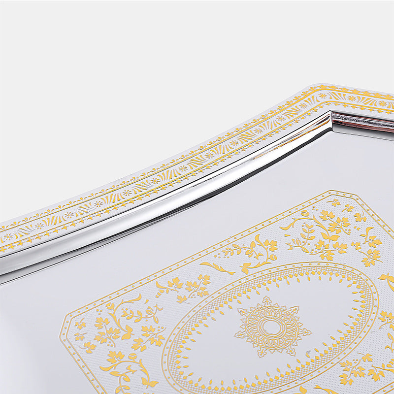 صينية تقديم من الستانلس ستيل الفاخر عالى الجودة  الغير قابل للصدأ أو تغيير اللون، منحوته باللونين الفضي والذهبي