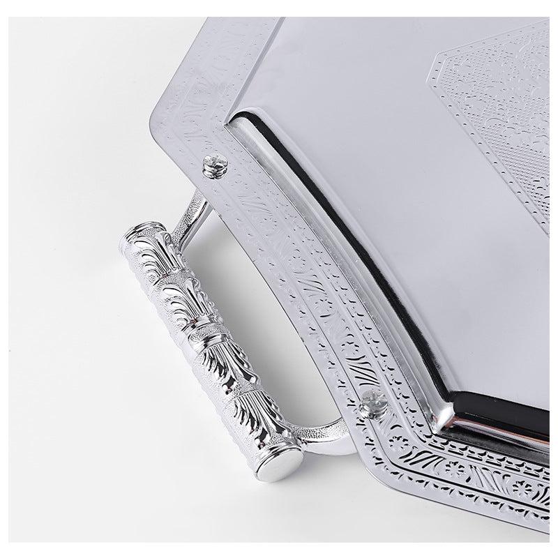 صينية تقديم من الستانلس ستيل الفاخر عالى الجودة  الغير قابل للصدأ أو تغيير اللون، منحوته باللونين الفضي والذهبي