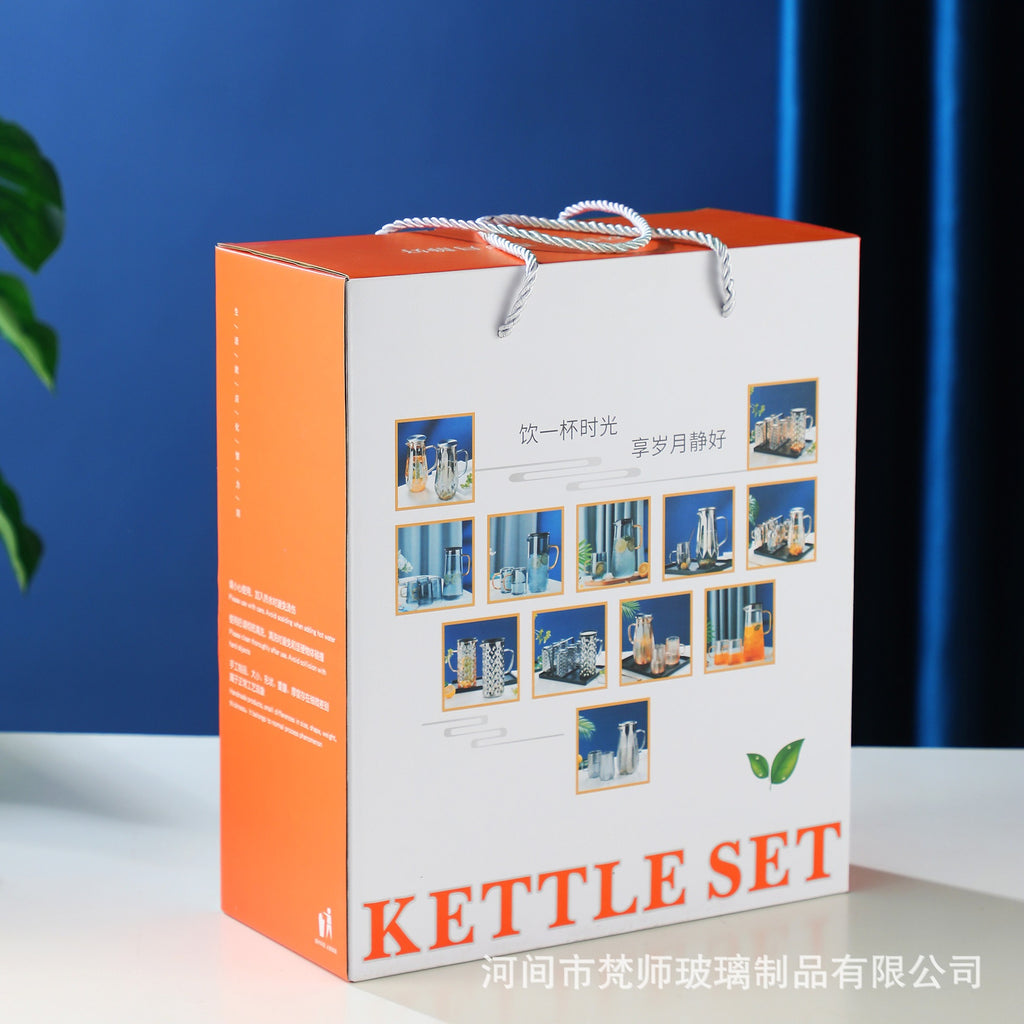 إبريق ماء زجاجي إبريق مع  4 أكواب للإستخدام المنزلي مع حامل اكواب و صينية تقديم ،إبريق شاي سخن وبارد، إبريق ماء زجاجي مع مقبض.