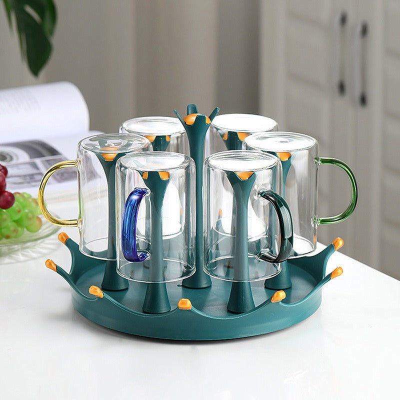 حامل أكواب دوار، حامل 7 أكواب، منظم اكواب، رف أكواب مياة، رف تجفيف الزجاجات، رف تجفيف بلاستيك