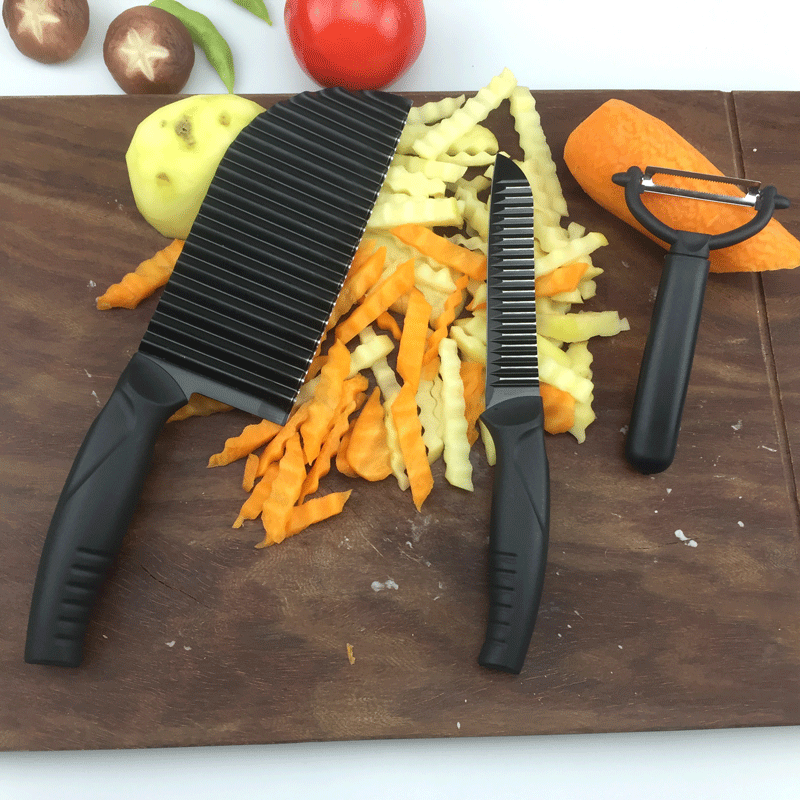 طقم سكاكين بطاطس ستانلس ستيل مكون من 2 سكين مموجتين ومقشرة، طقم 3قطع