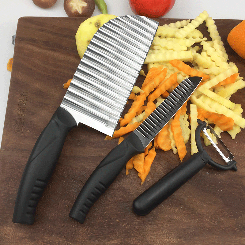 طقم سكاكين بطاطس ستانلس ستيل مكون من 2 سكين مموجتين ومقشرة، طقم 3قطع