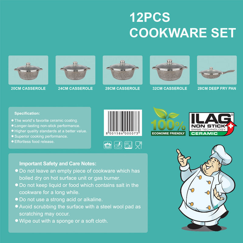 طقم جرانيت 12 قطعة غير لاصق، جرانيت دائرى بغطاء زجاجى بقاعدة ألومنيوم، ماركة Dessini Italy ايطالى المنشاء