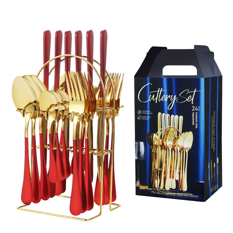 طقم معالق مكون من 24 قطعة مع حامل، مجموعة أدوات مائدة من الستانلس ستيل لـ 6 أشخاص، تتضمن 6 ملعقة و 6 ملعقة صغيرة و 6 شوكة و 6 سكين و حامل، آمنة للأستخدام في غسالة الصحون، يتميز بمقبض بألوان متعددة