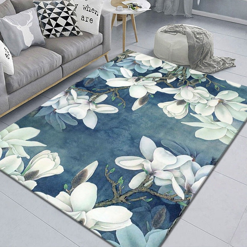 سجادة بتصميم مطبوع ثلاثي الأبعاد مع جانب خلفي مُضاد للإنزلاق بحُبيبات PVC - كواليتي الألوان زاهية وواضحة بتظهر كل تفاصيل السجادة ( لون بترولى شكل ورد )