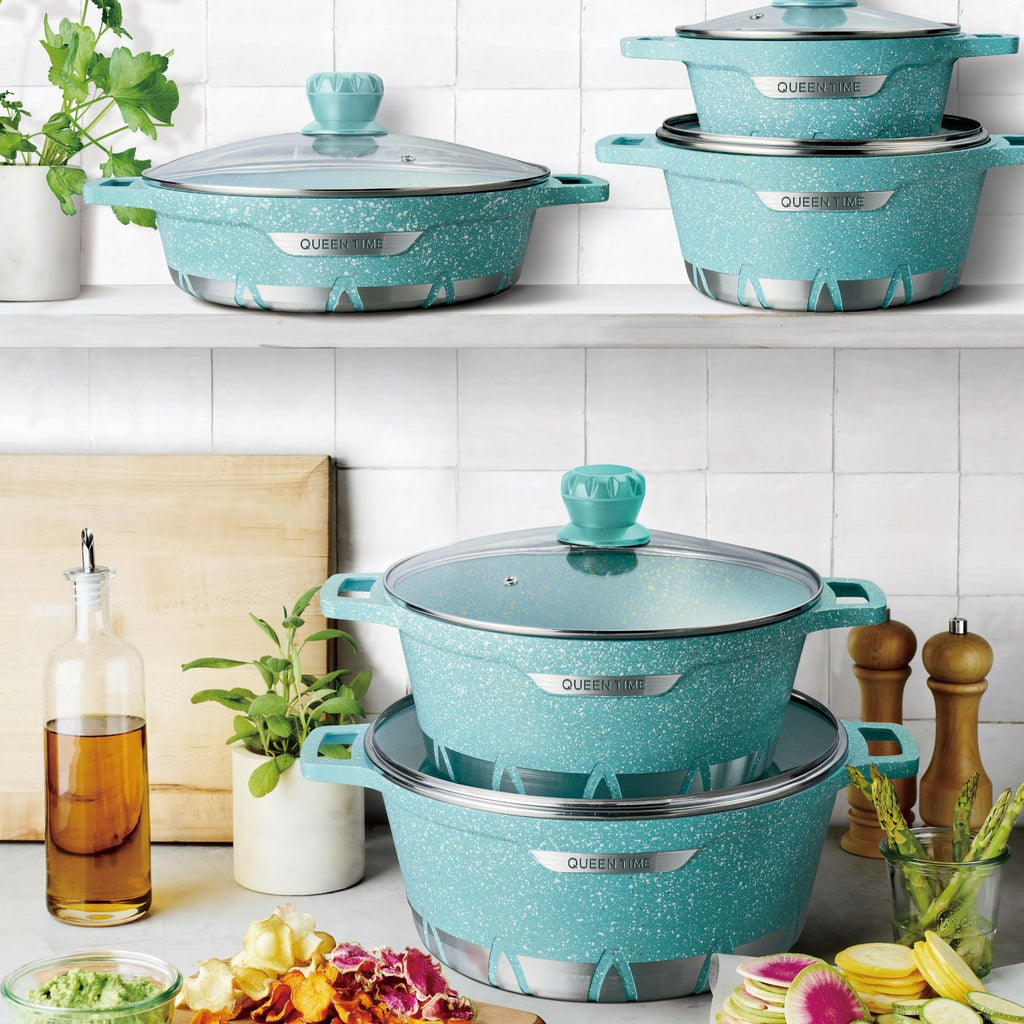 طقم جرانيت 10 قطع غير لاصق، جرانيت دائرى بغطاء زجاج بقاعدة ألومنيوم، ماركة Queen Time