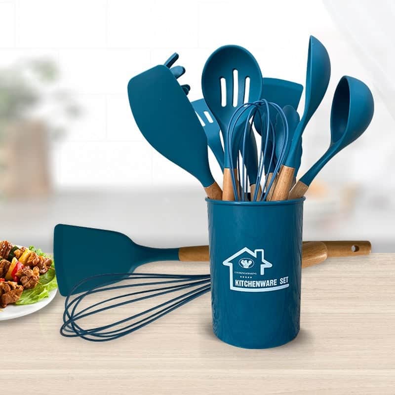 طقم توزيع سيليكون بمقبض خشبي مكون من 12 قطعة باللون الأزرق