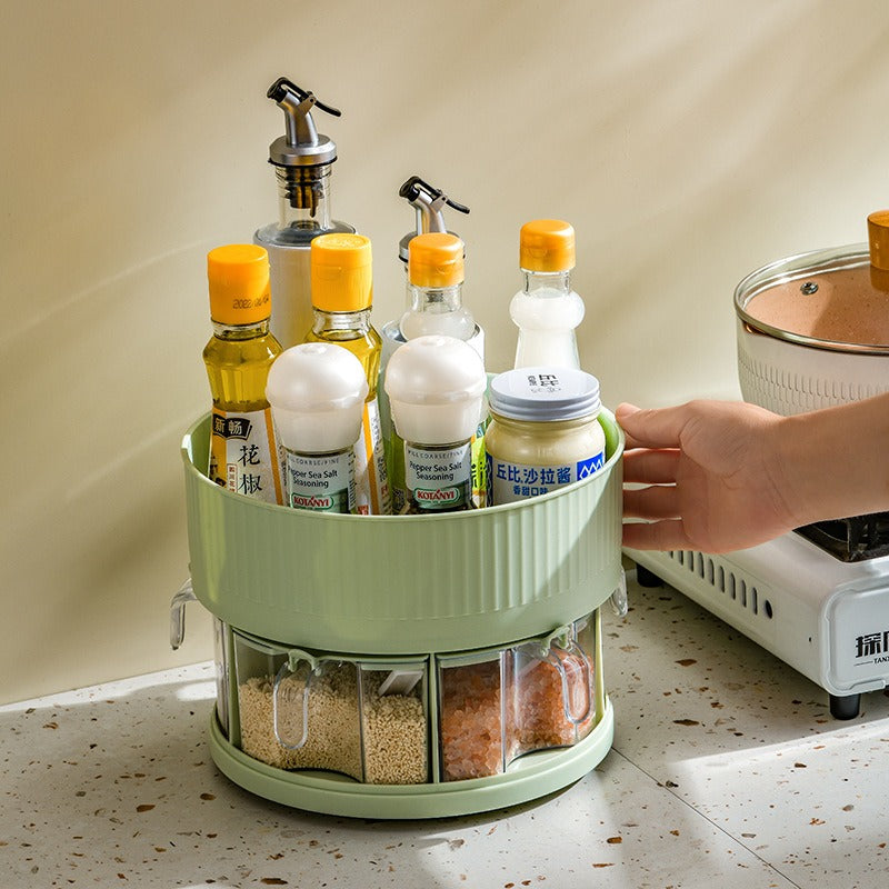 منظم للتوابل وخزانة المطبخ قائم بذاته يدور بدرجة 360، مكون من مستويين
