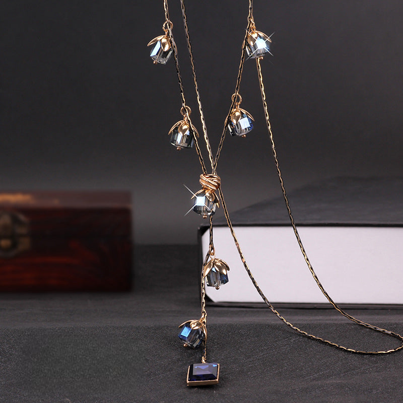 سلسلة على شكل ورقة شجر مع شراشيب كريستالية ، مصنوعة من ستيل التيتانيوم ، قلادة طويلة