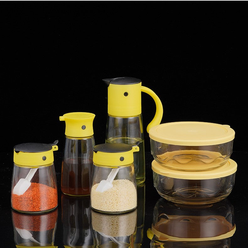 طقم توابل + موزع زيت + موزع خل + 2 بولة زجاجية بغطاء بلاستيك، زجاجة زيت مضادة للتسرب، فتح وإغلاق أوتوماتيكي، زجاجة توابل على شكل بغبغان