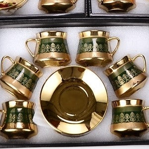 طقم فناجين قهوة يتكون من 6 فناجين و 6 أطباق مصنوع من السيراميك الأوروبي المطلي باللون الذهبي مع علبة هدية