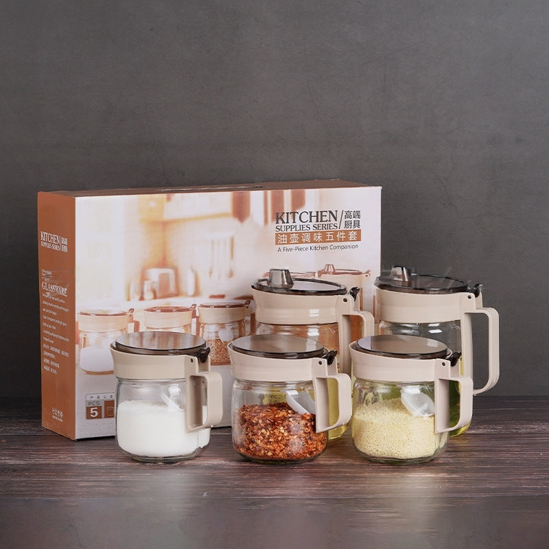 طقم توابل و زياته، طقم مكون من 5 قطع، الطقم خامة زجاج نقى بغطاء بلاستيك محكم