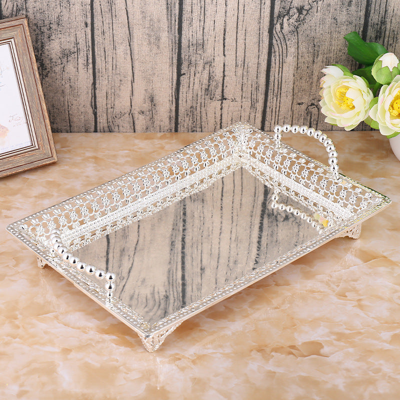 صينية تقديم معدنية غير قابلة لتغيير اللون، بمقبض لؤلؤي بتصميم فاخر