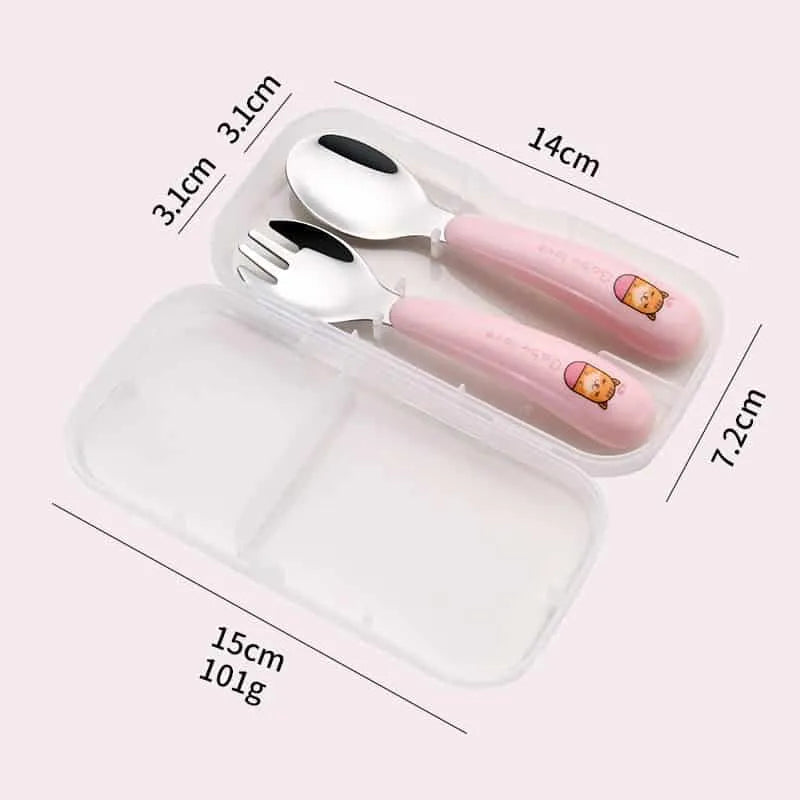 طقم شوكة و ملعقة من الفولاذ المقاوم للصدأ، بمقبض من البلاستك عالى الجودة على شكل حيوان كرتوني للأطفال مكون من قطعتين