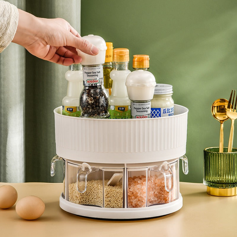 منظم للتوابل وخزانة المطبخ قائم بذاته يدور بدرجة 360، مكون من مستويين