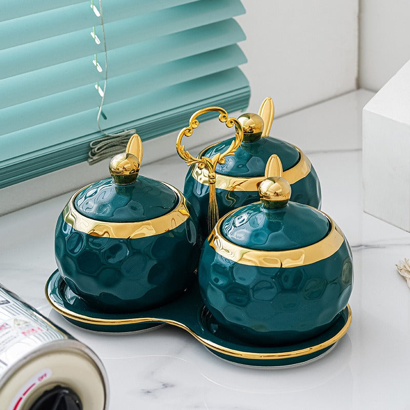 طقم توابل من البورسلين، 3 قطع مع ملعقة وصينية لتقديم الشاي والقهوة والسكر