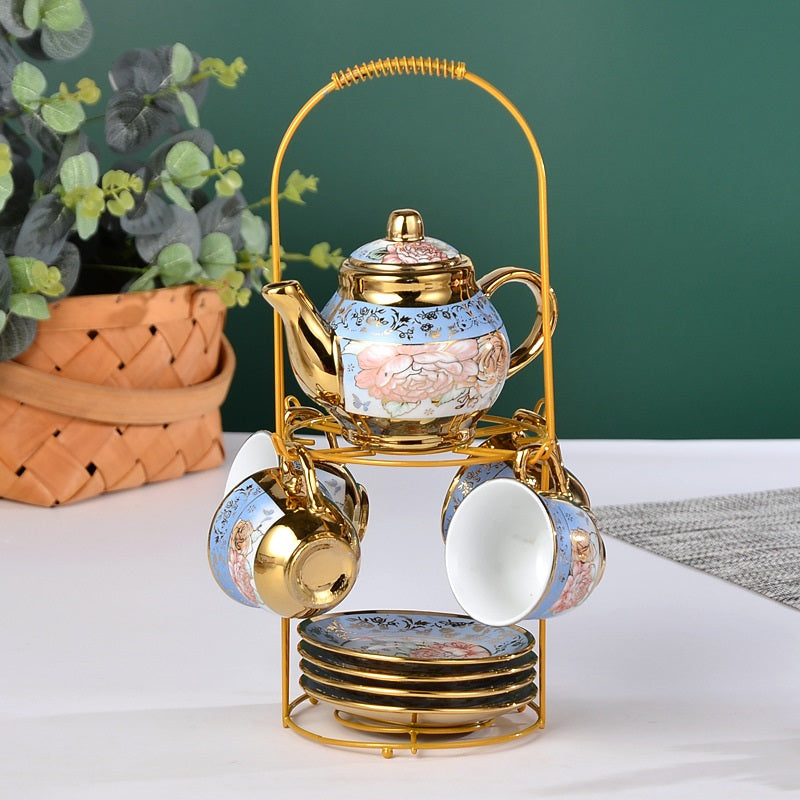 طقم شاى من البورسلين الفاخر المطلي على الطراز الأوروبي 4 أكواب 4 أطباق 1 إبريق تصميم زهرة