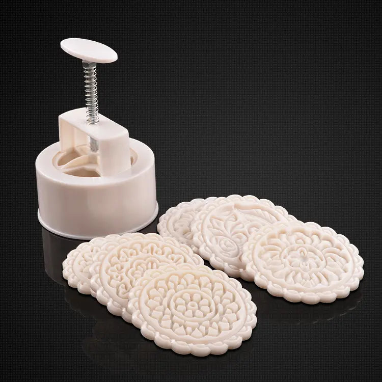 قالب كعك بالضغط اليدوي مع 6 قطع من طوابع الزهور المستديرة