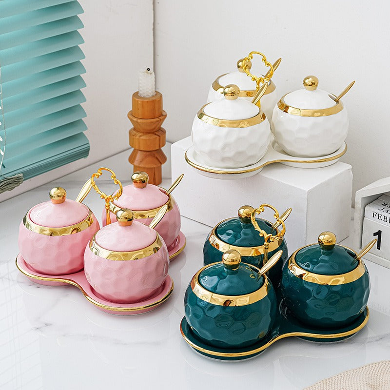 طقم توابل من البورسلين، 3 قطع مع ملعقة وصينية لتقديم الشاي والقهوة والسكر