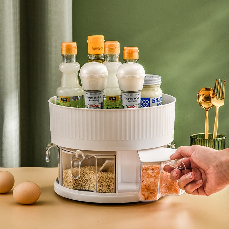 منظم للتوابل وخزانة المطبخ قائم بذاته يدور بدرجة 360، مكون من مستويين