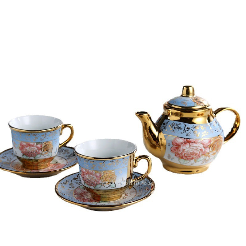 طقم شاى من البورسلين الفاخر المطلي على الطراز الأوروبي 4 أكواب 4 أطباق 1 إبريق تصميم زهرة