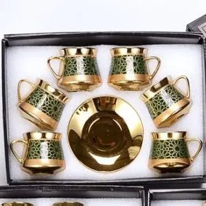 طقم فناجين قهوة يتكون من 6 فناجين و 6 أطباق مصنوع من السيراميك الأوروبي المطلي باللون الذهبي مع علبة هدية