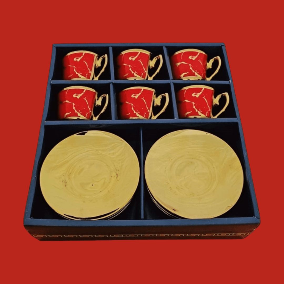 طقم فناجين قهوة تركي من السيراميك عالى الجودة، يتكون من 12 قطعة، مع أطباق باللون الذهبي