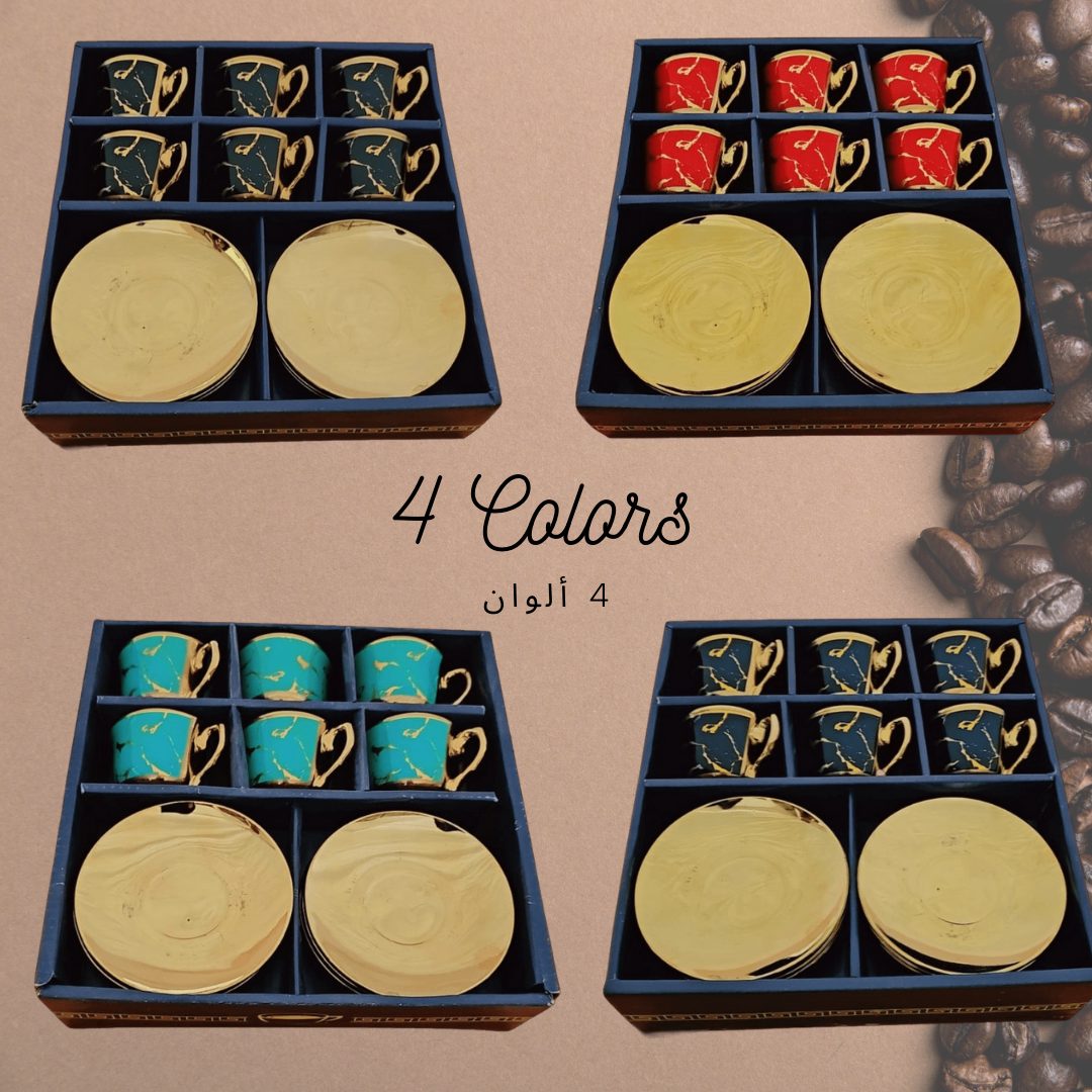 طقم فناجين قهوة تركي من السيراميك عالى الجودة، يتكون من 12 قطعة، مع أطباق باللون الذهبي