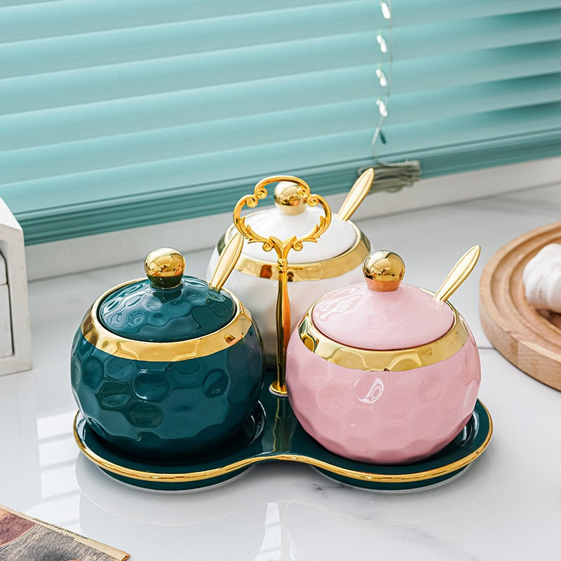 طقم توابل من البورسلين، 3 قطع مع ملعقة وصينية لتقديم الشاي والقهوة والسكر