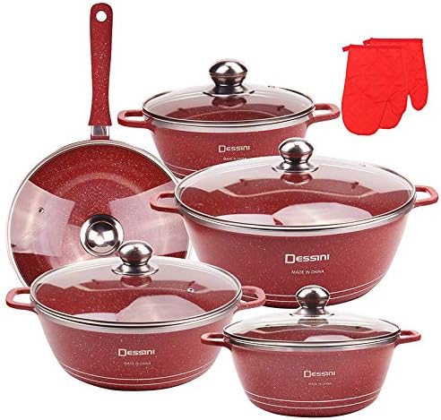 طقم جرانيت 12 قطعة غير لاصق، جرانيت دائرى بغطاء زجاجى بقاعدة ألومنيوم، ماركة Dessini Italy ايطالى المنشاء