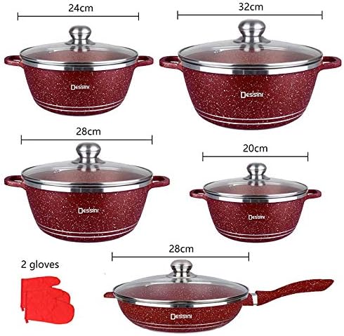 طقم جرانيت 12 قطعة غير لاصق، جرانيت دائرى بغطاء زجاجى بقاعدة ألومنيوم، ماركة Dessini Italy ايطالى المنشاء