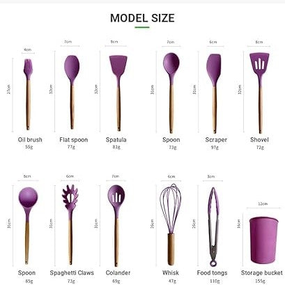 طقم توزيع سيليكون بمقبض خشبي مكون من 12 قطعة باللون البنفسجي