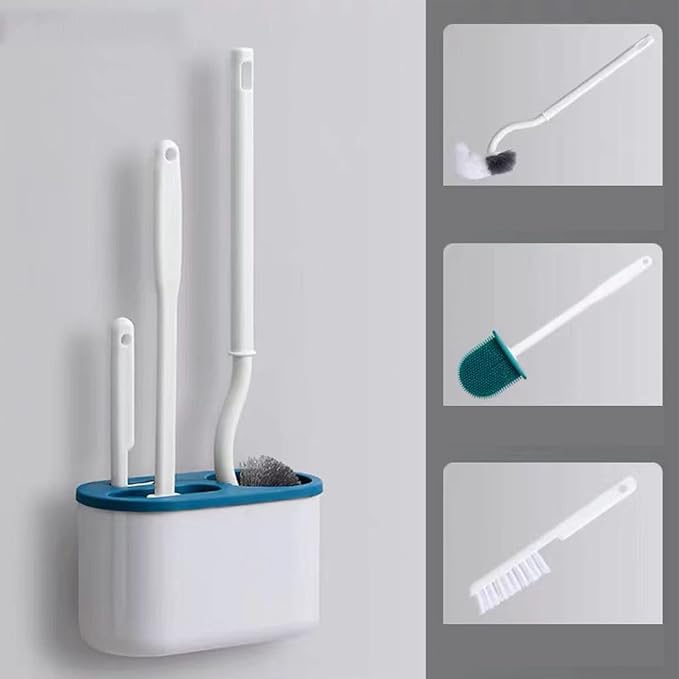 مجموعة فرشاة المرحاض، فرشاة سيليكون مسطحة الرأس مع فتحة تهوية سفلية وفرشاة دائرية مثبتة على الحائط وفرشاة شقوق