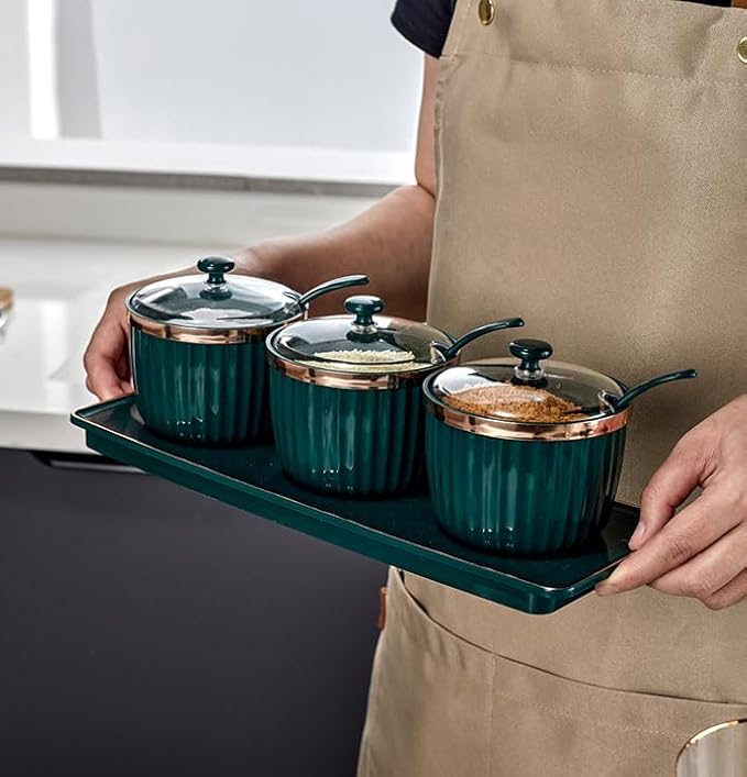 طقم توابل، برطمانات التوابل، أواني التوابل للمطبخ، طقم توابل مصنوع من مادة البولي بروبلين القوية مع غطاء وملعقة، 3 قطع