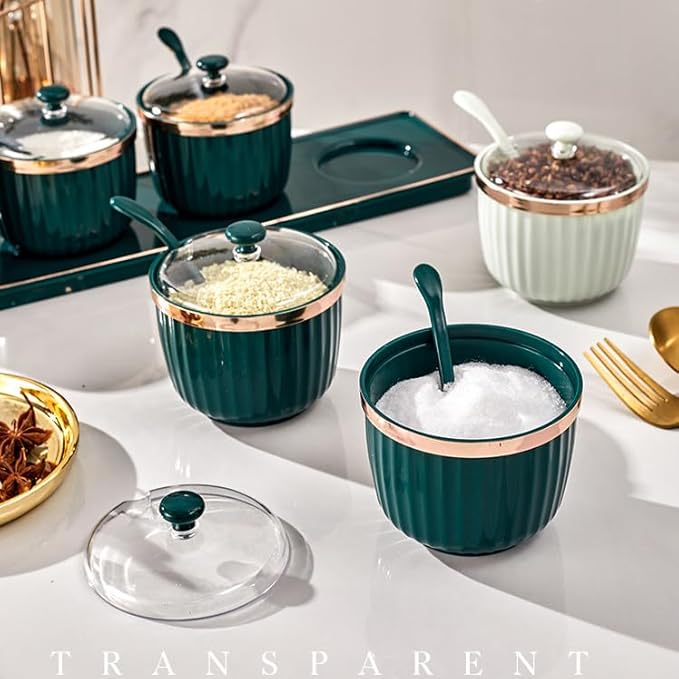 طقم توابل، برطمانات التوابل، أواني التوابل للمطبخ، طقم توابل مصنوع من مادة البولي بروبلين القوية مع غطاء وملعقة، 3 قطع