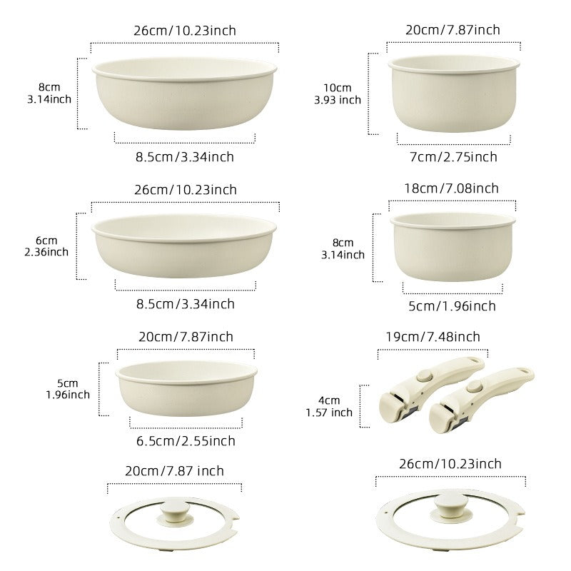 طقم أواني ومقالي عالية الجودة مع إمكانية إزالة المقبض , غير لاصقة 9 قطع من أواني الطهي الأمنة للإستخدام في غسالة الأطباق مع مقالي صواني من حمض بيرفلورو الأوكتانويك (جرانيت كريمي)