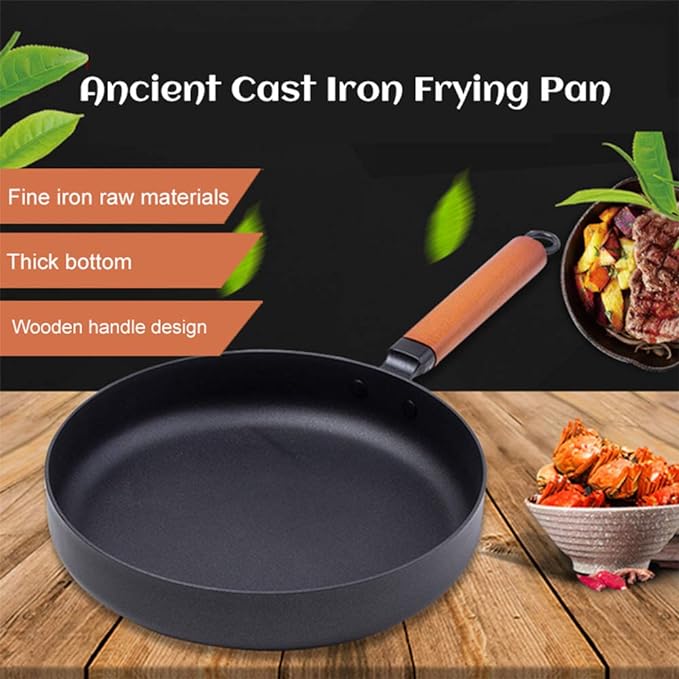 مقلاة غير لاصقة مصنوعة من الحديد الزهر الناعم  الغير قابل للصدأ مع مقبض خشبى عالى الجودة