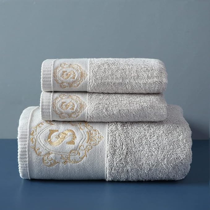 طقم فوط مطرزة بأحرف ذهبية مكون من 3 قطع، طقم فوط قطنية، فوطة غسيل، فوطة وجه، فوطة يد للحمام.