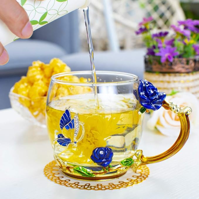 كوب من الزجاج الفاخر مقاوم للحرارة، بتصميم من الورود الزرقاء البارزة