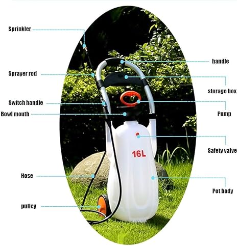 مضخة ضغط بعجلات للحديقة والعشب بسعة 16 لتر مع صمام لتخفيف الضغط