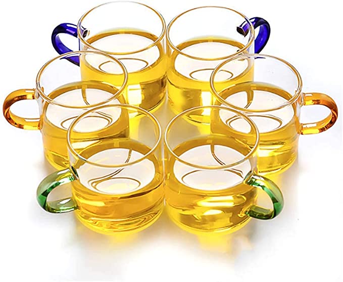 طقم أكواب زجاجية 6 قطع بمقبض ملون لشرب القهوة والشاي