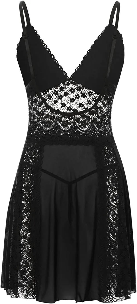 قميص نوم نسائي مثير أسود اللون برقبة على شكل حرف V وظهر مكشوف من الدانتيل شبه شفاف