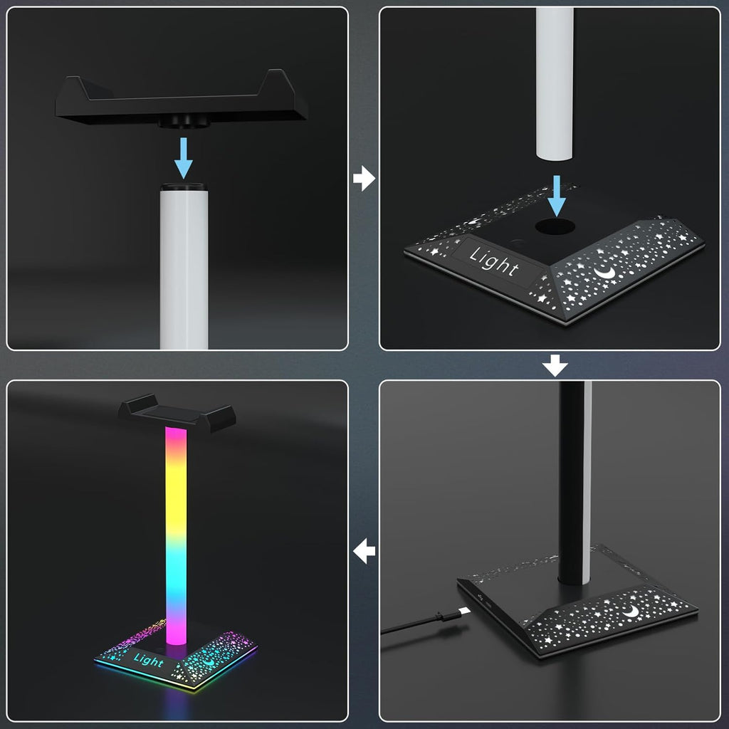حامل سماعة رأس RGB ملحقات المكتب، حامل سماعة رأس بمنفذ واحد من النوع C، حامل سماعة رأس مزود بـ 10 أوضاع إضاءة ومطاط غير قابل للانزلاق