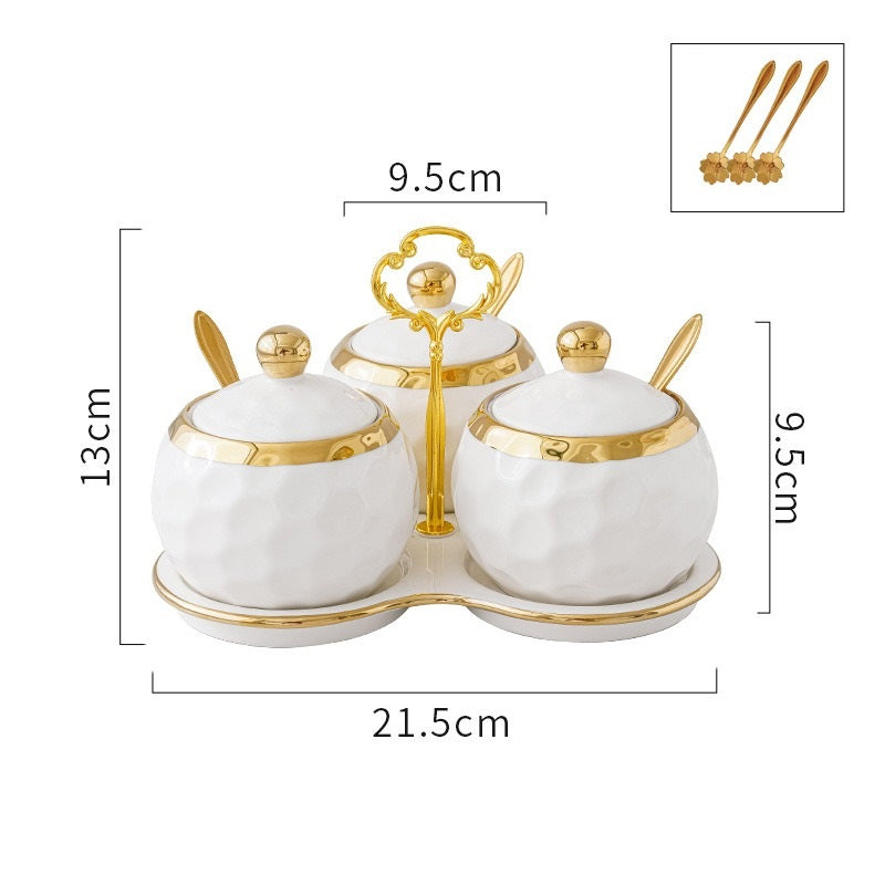 طقم توابل من البورسلين، 3 قطع مع ملعقة وصينية لتقديم الشاي والقهوة والسكر