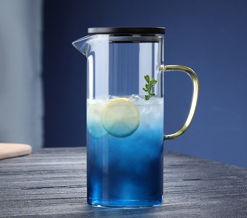 إبريق ماء زجاجي إبريق مع  4 أكواب للإستخدام المنزلي مع حامل اكواب و صينية تقديم ،إبريق شاي سخن وبارد، إبريق ماء زجاجي مع مقبض.
