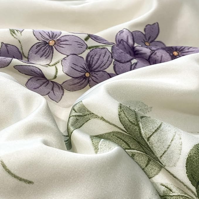 طقم سرير فاخر، قطن ملمس حرير، طقم سرير حريرى مطبوع، لحاف خفيف حريرى ناعم مطبوع، ملاءة سادة، 2 وسادة ، (200 × 230 سم) (لون: بنفسجى / شكل: غصن شجرة)